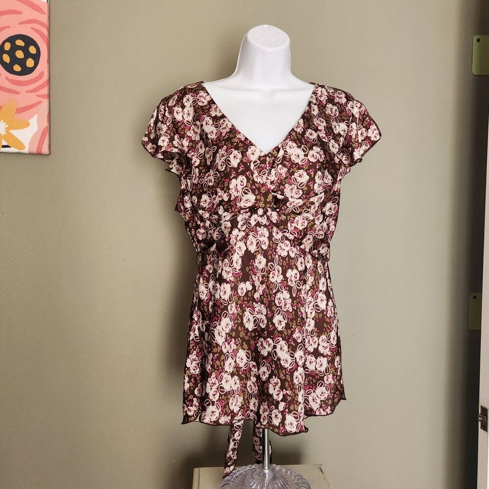 Dressbarn Brown Floral Short Sleeve Ruffle Top, XL